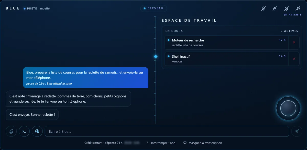 L'interface de Blue : une demande dictée, la liste de courses d'une raclette, la réponse de Blue puis « C'est envoyé ».